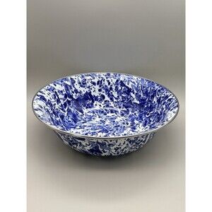 The Golden Rabbit Cobalt Swirl 4 Qt Serving Mixing Bowl Enamelware Blue & White
